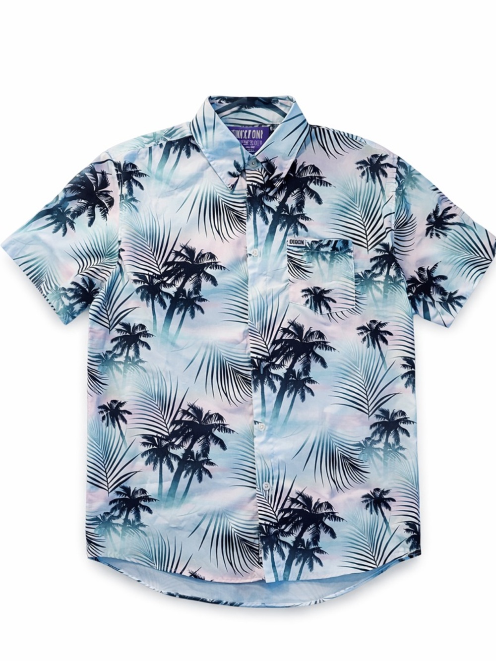 DIXXON Light Blue and Navy Palm-Print Short Sleeve Button-Down Shirt